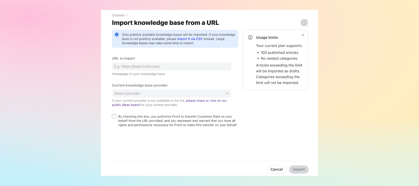 Bulk import existing articles from Zendesk, Intercom or Helpscout