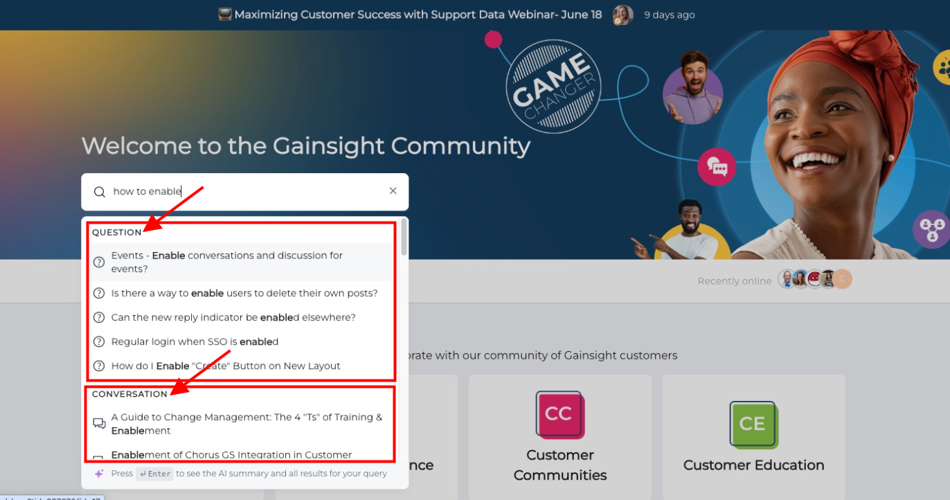 Community page showing live search results for enablement with question and conversation content type category visible.