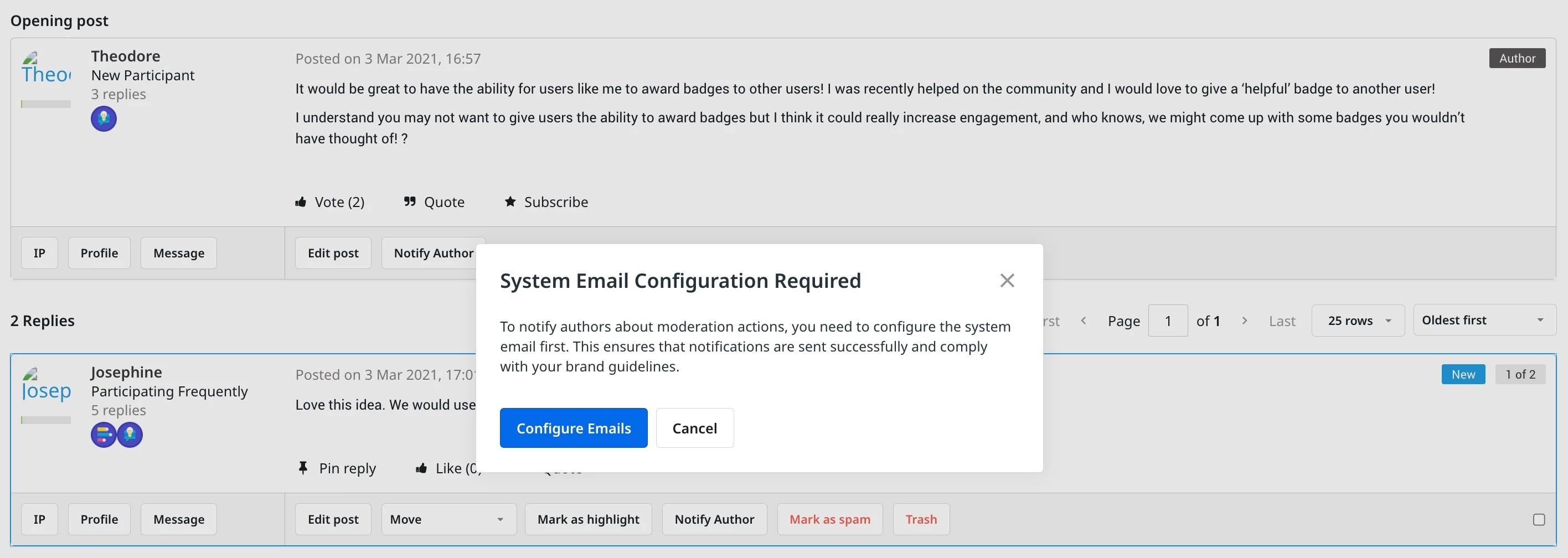 Popup message prompting email configuration before sending author notifications for moderation actions