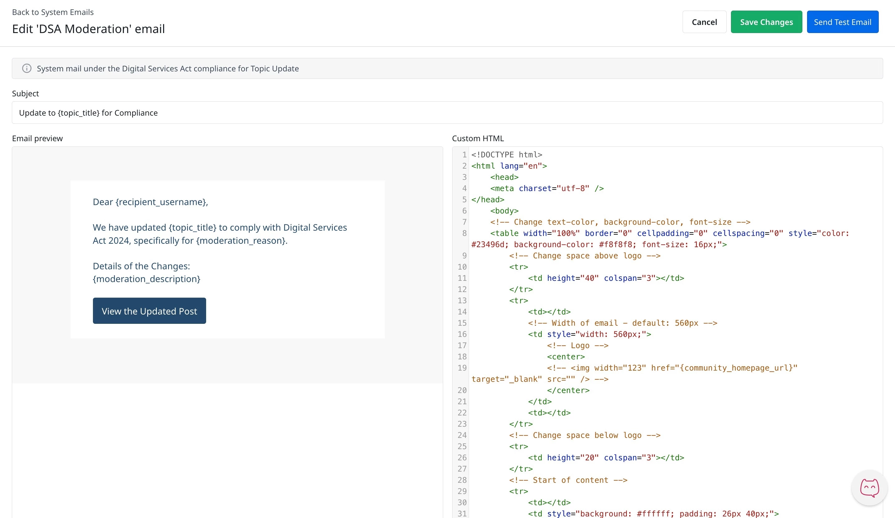 HTML editor for DSA Moderation email showing customizable subject and message content for compliance updates
