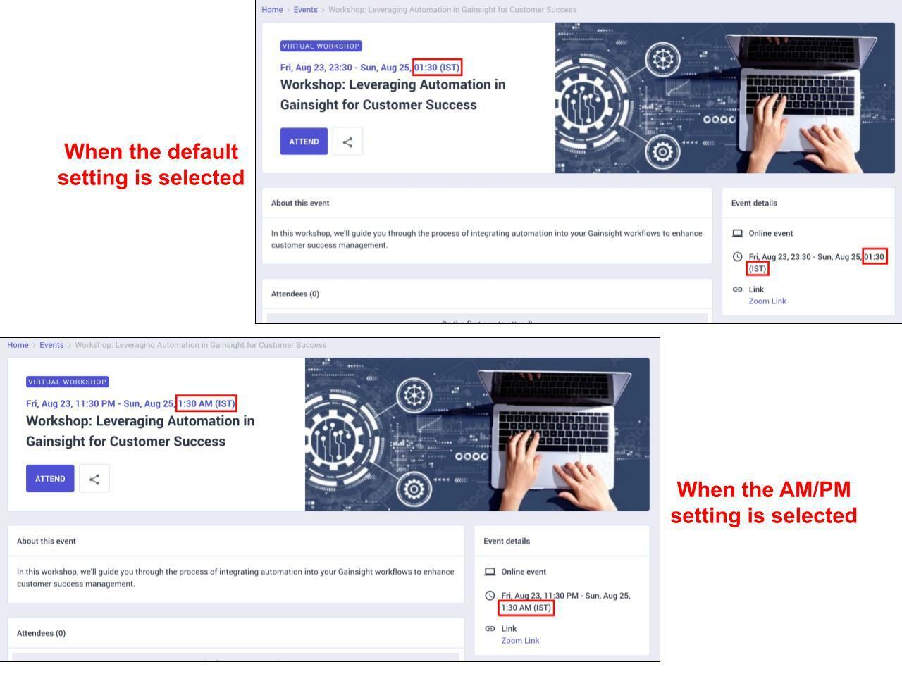 Comparison of event detail view between default 24-hour and AM/PM time formats for a virtual workshop