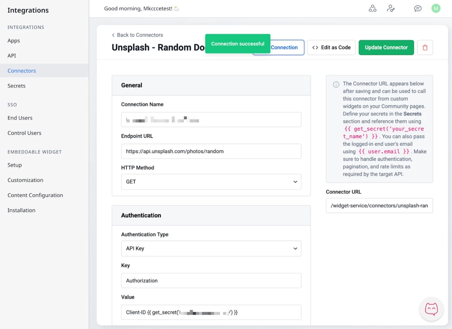 Unsplash connector setup showing successful connection status and API key authentication details.