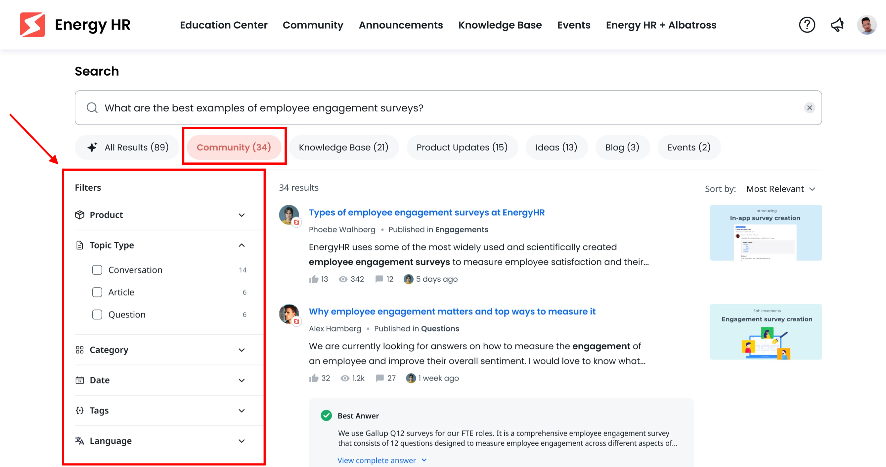 Community page filtered to display topics about employee engagement surveys, highlighting the community tab and options for detailed search filters.