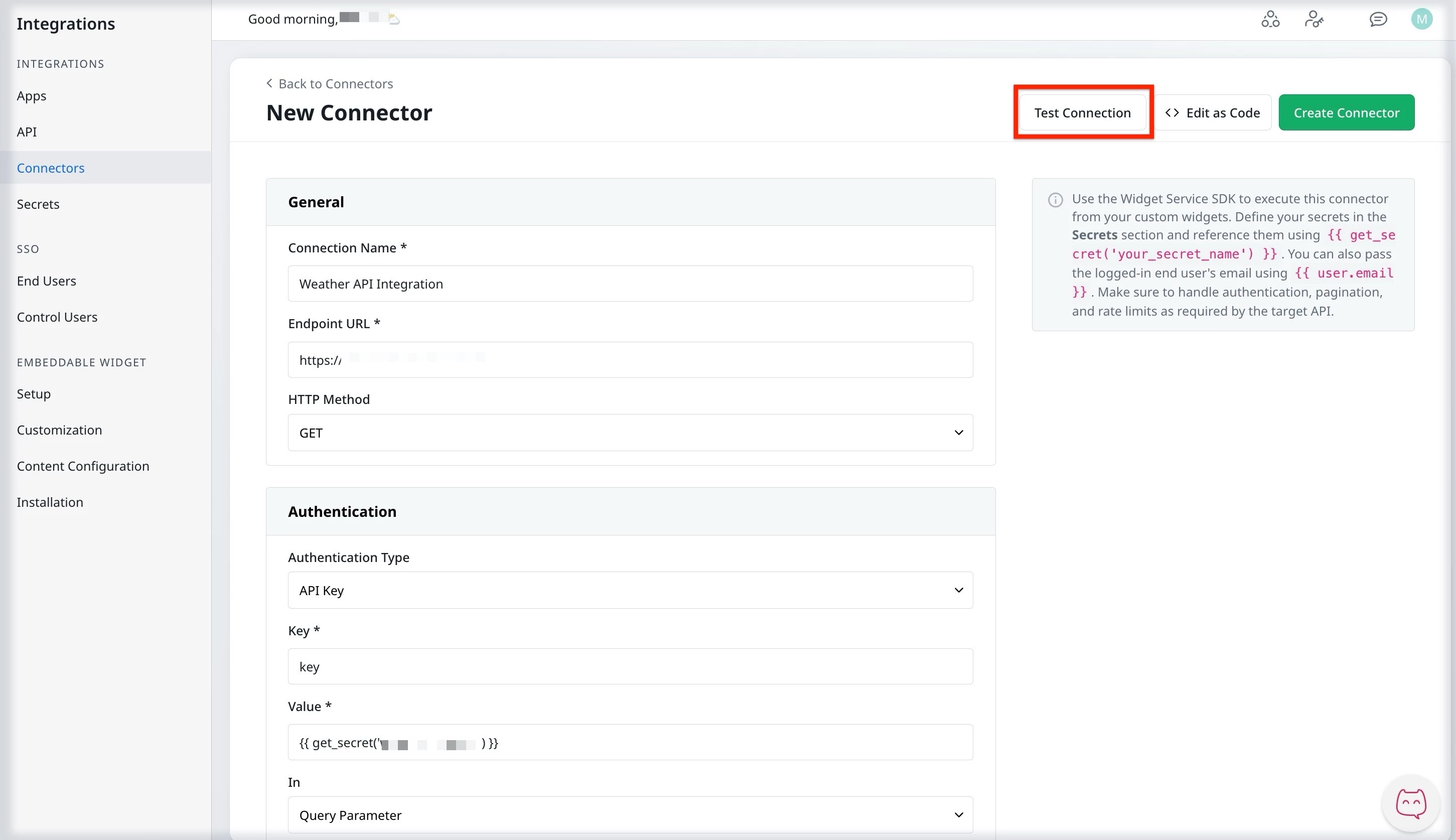 New connector setup for Weather API integration with test connection and create connector options