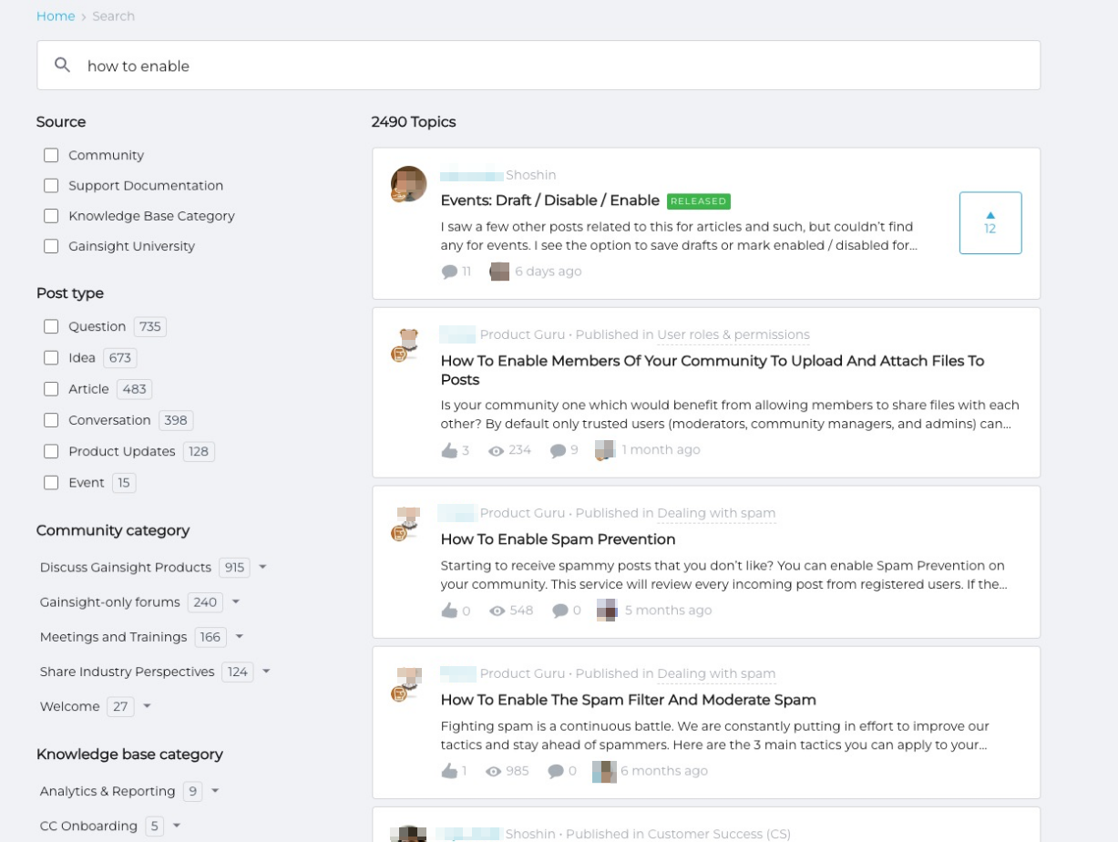 Community page showing search results for enabling features with filters for post type, topic count, and community category visible.