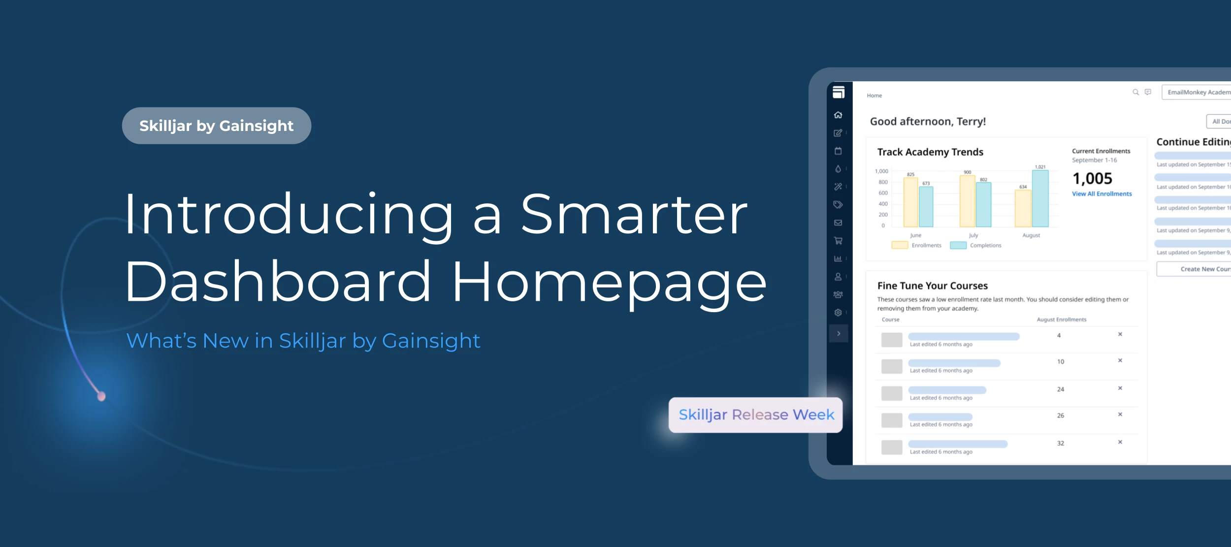 Skilljar by Gainsight: An Admin Homepage Built to Help You Track Trends and Pick Up Where You Left Off
