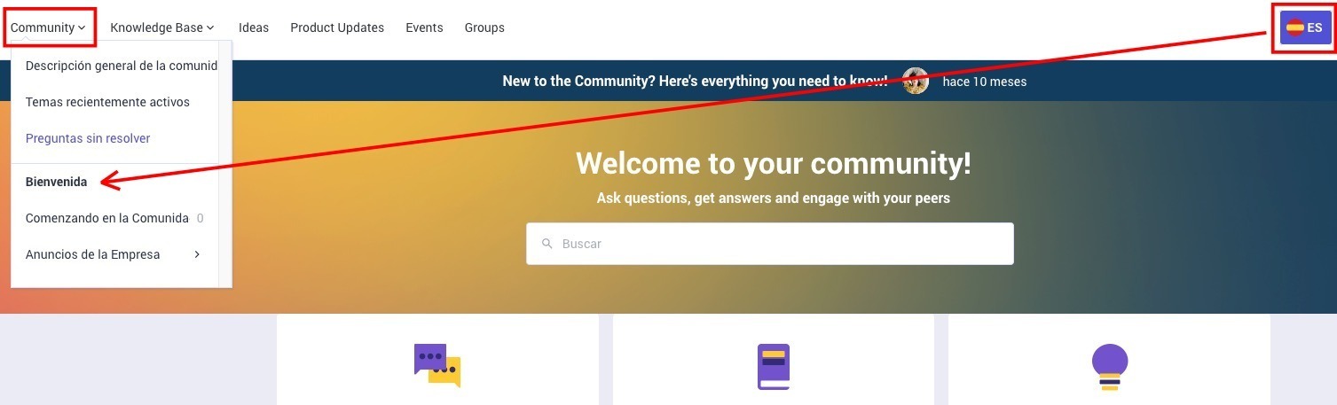 Dropdown menu showing Bienvenida highlighted under the Community tab in a Spanish interface with the language set to ES