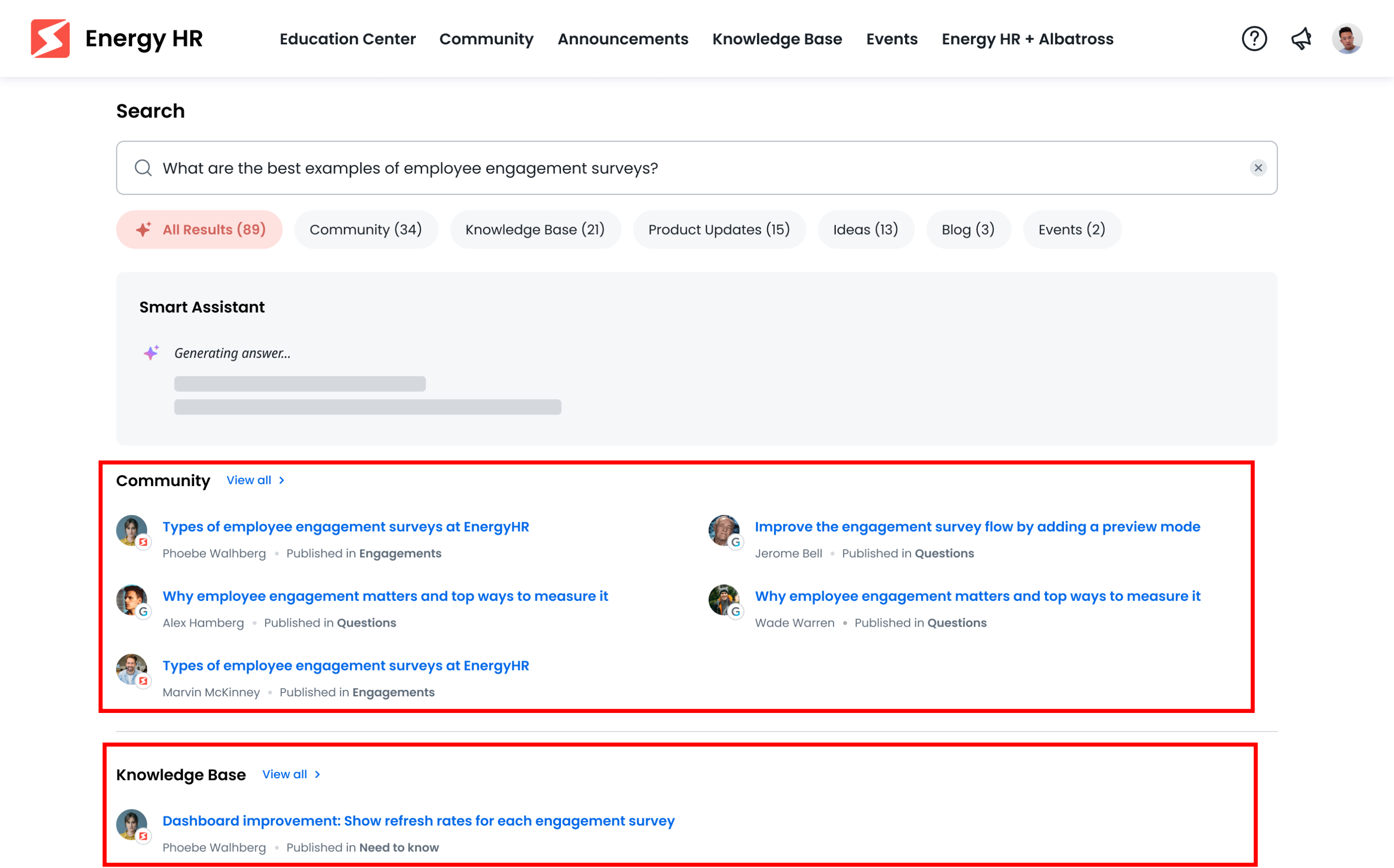 Community page showing all search results on employee engagement surveys, with various filters like topic type and category visible.