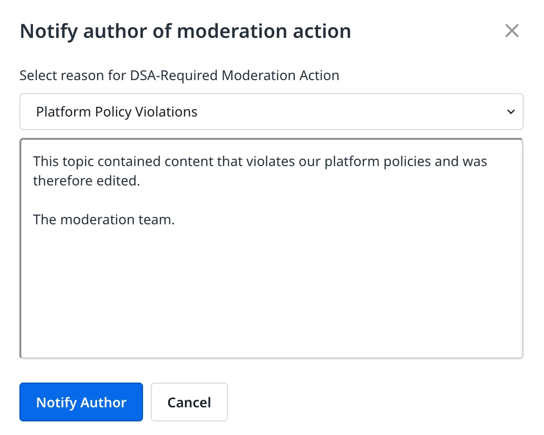 Moderation notification form with selected reason and editable message for Digital Services Act compliance
