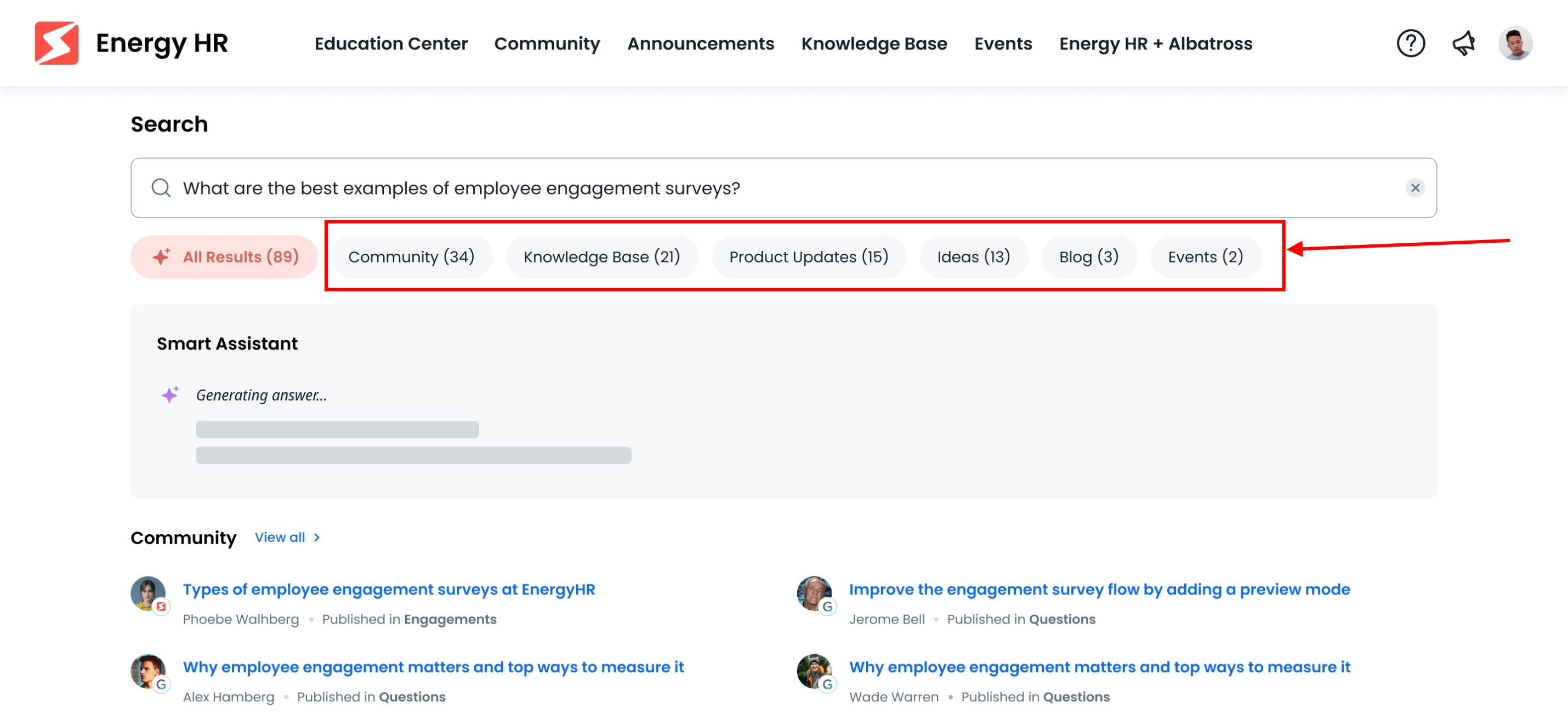 Community page with a detailed all search results view of employee engagement survey topics, featuring different categories for refining searches.