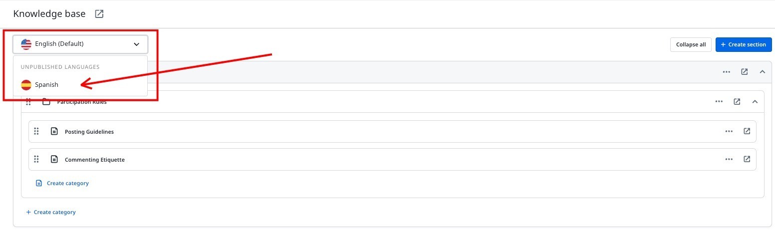Language dropdown menu in Knowledge Base structure where English language is selected and the Spanish language is available