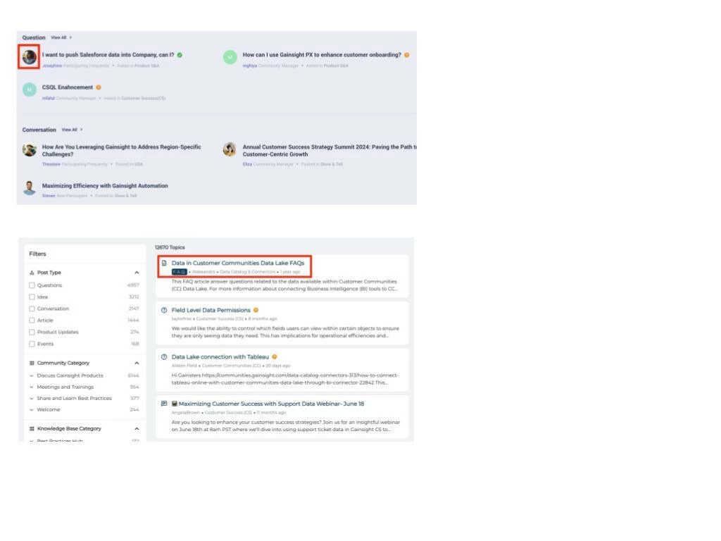 Search interface showing a highlighted FAQ topic about data in Customer Communities Data Lake with filters on the left.