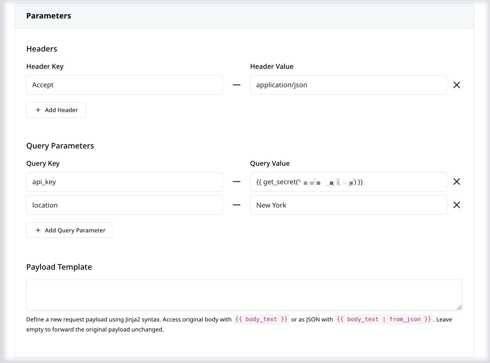 Connector parameters section showing headers, query parameters, and payload template configuration