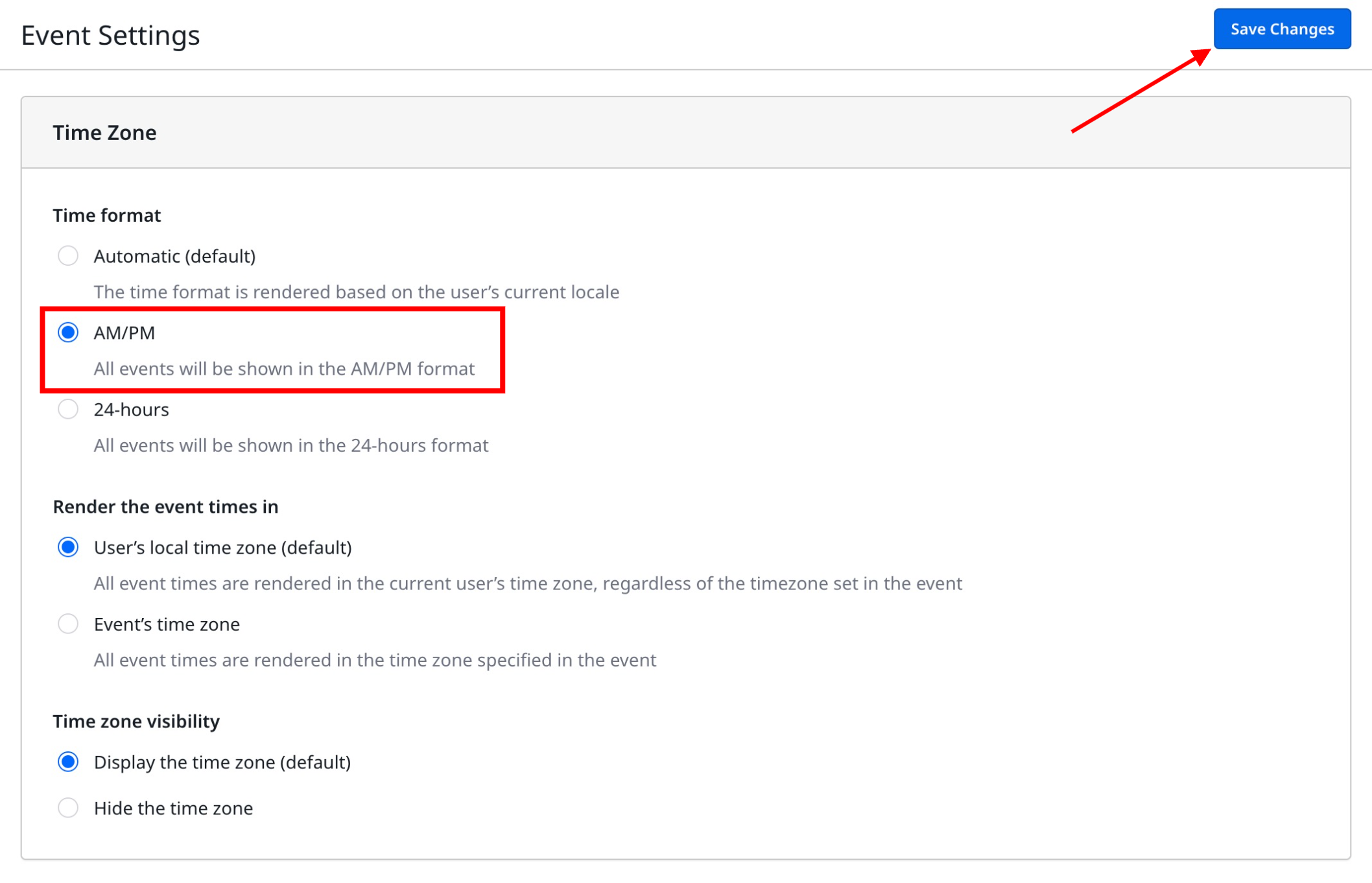 Event settings page with options for automatic, AM/PM, and 24-hour time formats, highlighting AM/PM selection