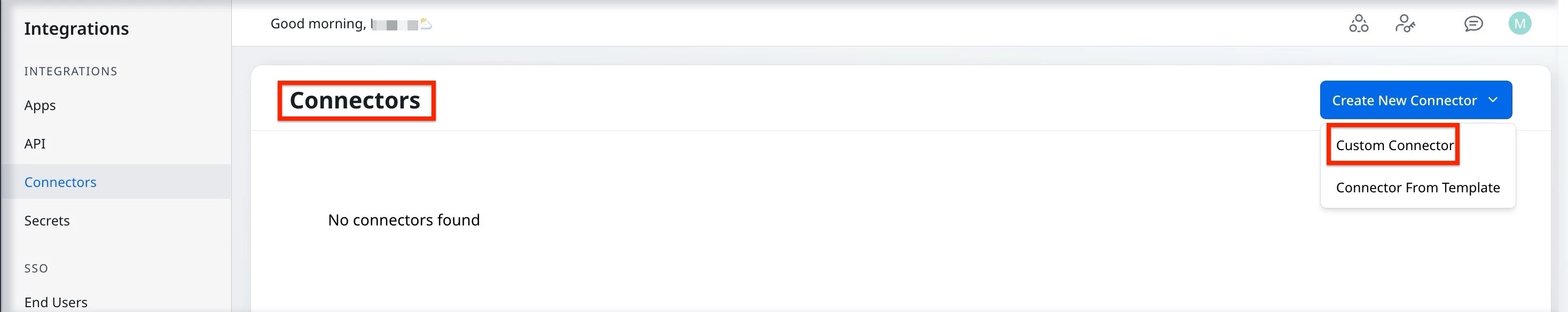 Connectors page showing option to create a new custom connector under integrations.