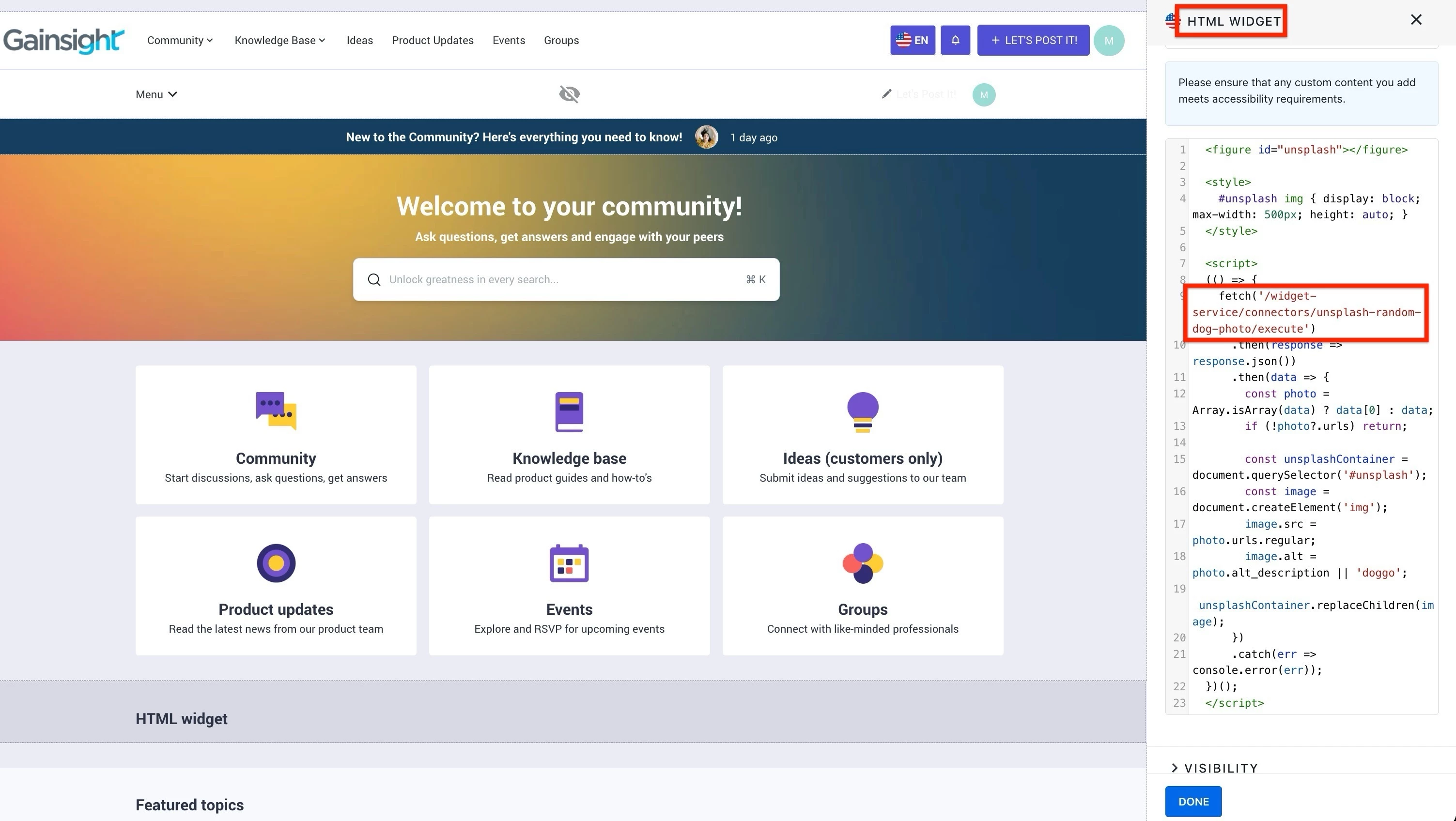 Community homepage with an HTML widget displaying code to fetch random photos from Unsplash API.