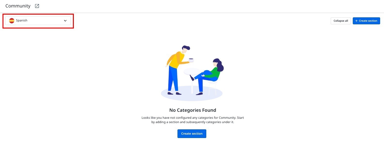 Spanish language community page with a message saying No Categories Found and a Create section button