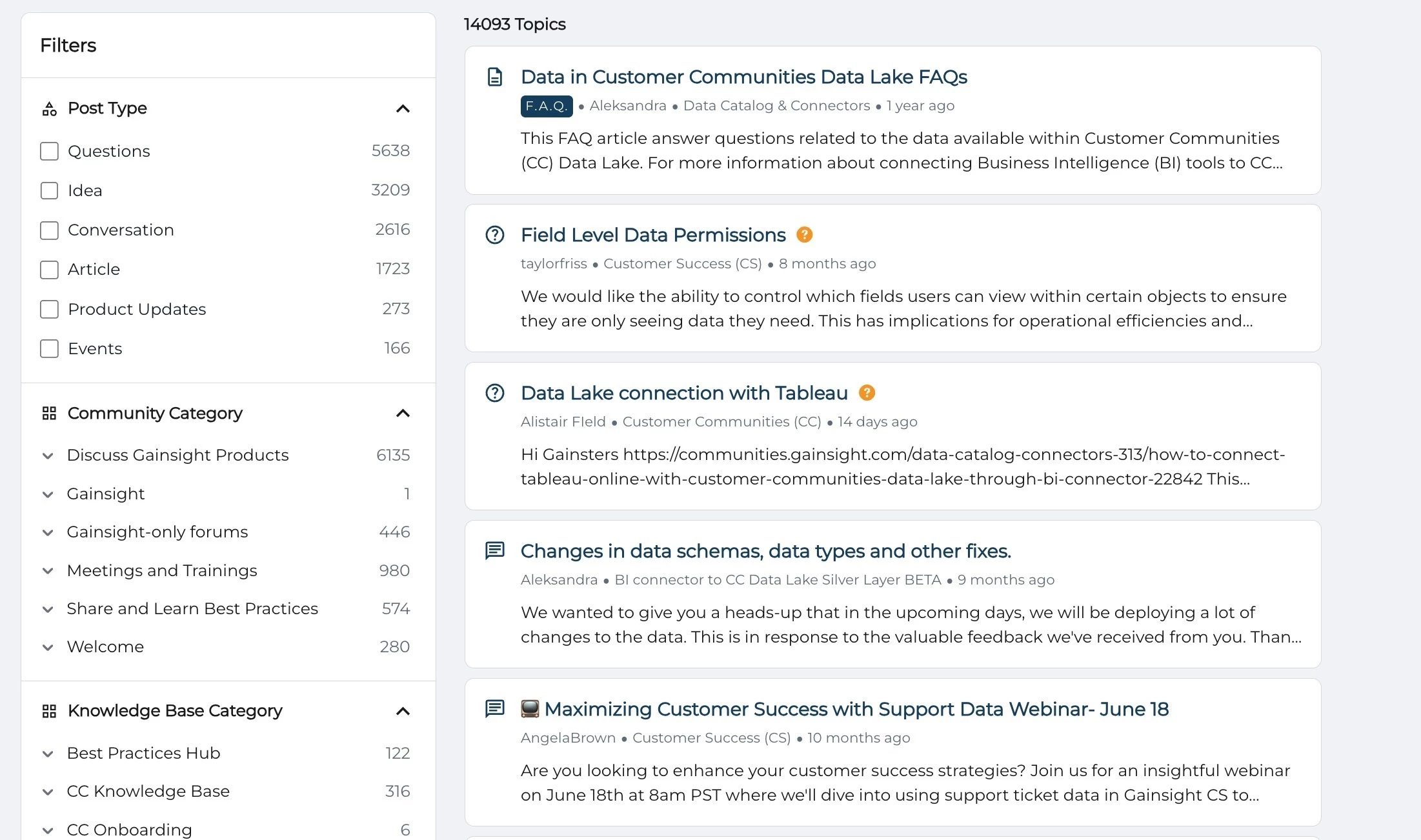 Community forum search results showing topics on data lake FAQs, Tableau connection, and data schema changes.