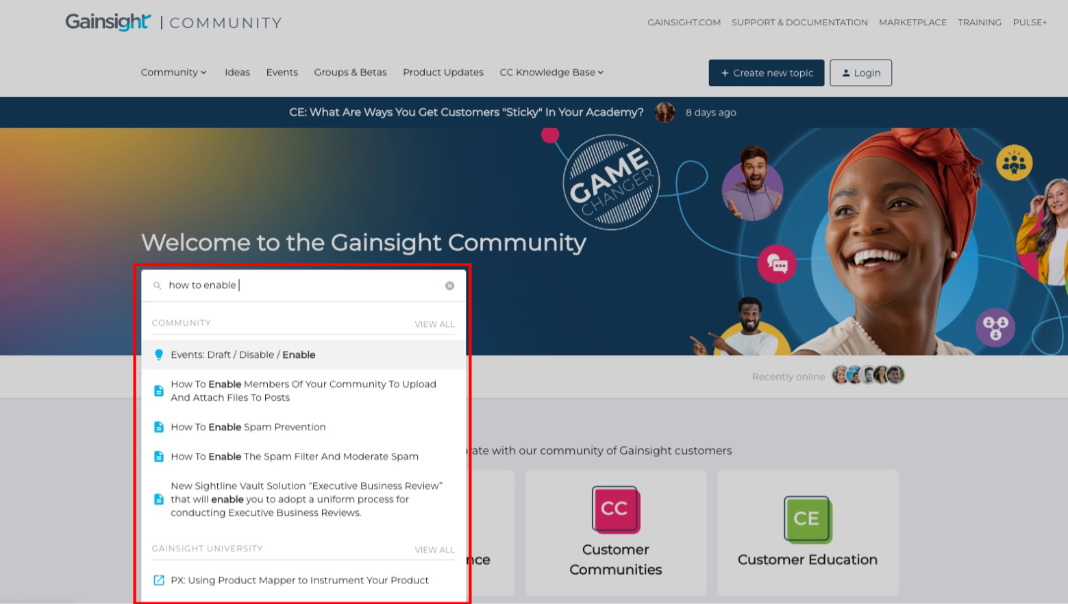 Community page showing live search results for enablement with community and gainsight university category visible.