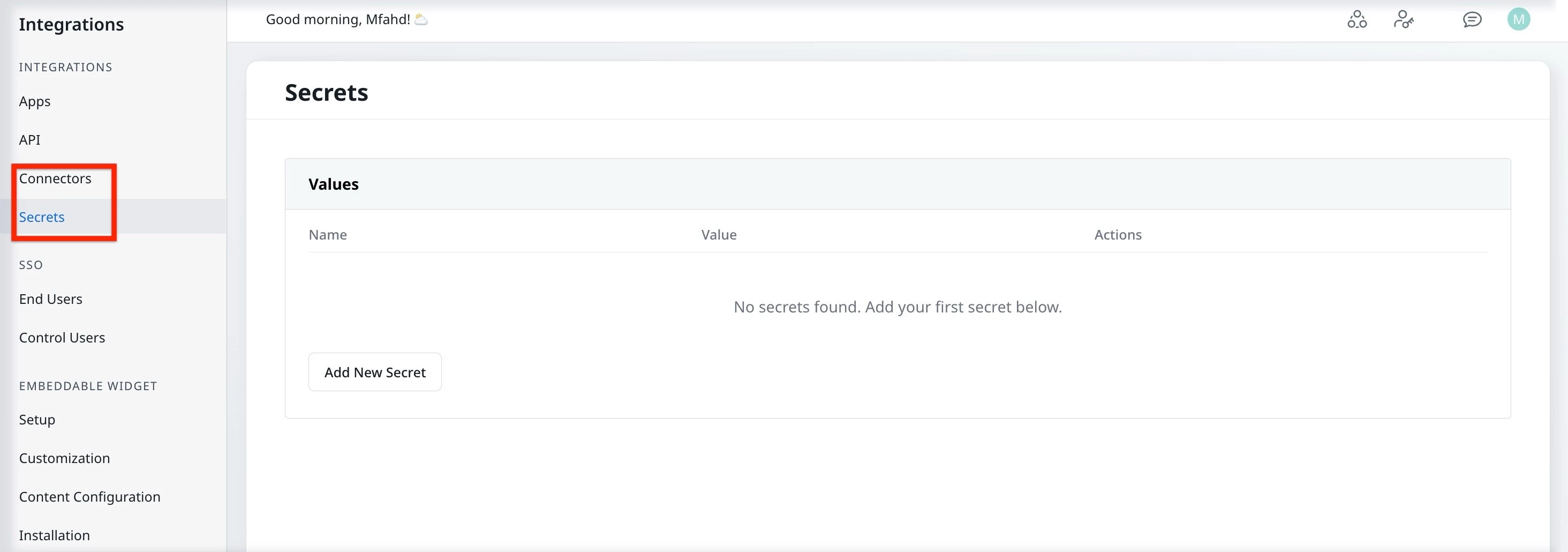 Integrations page showing Secrets section with option to add new secret values for connectors