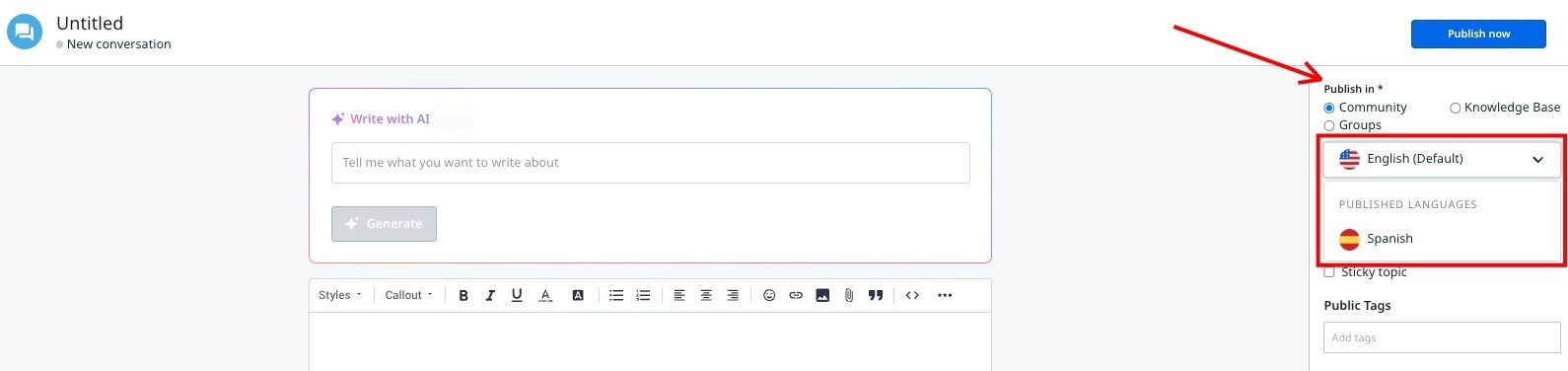 New conversation form with English and Spanish language options under Publish in section