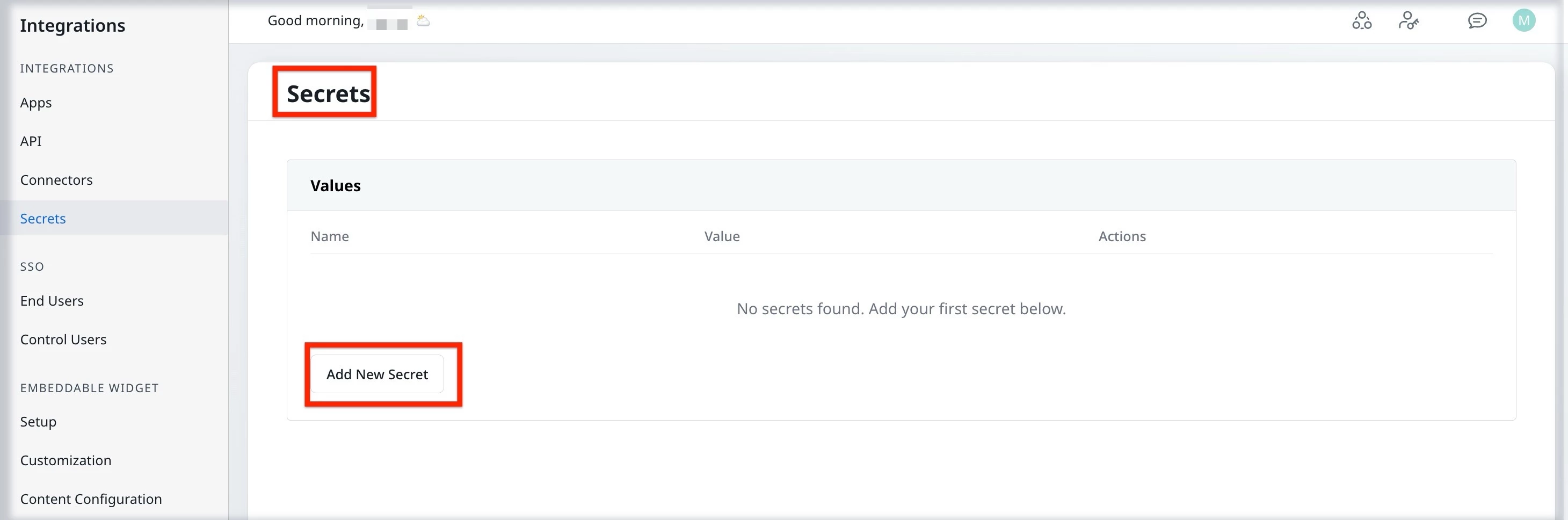 Secrets management page with option to add new secret values under integrations settings.