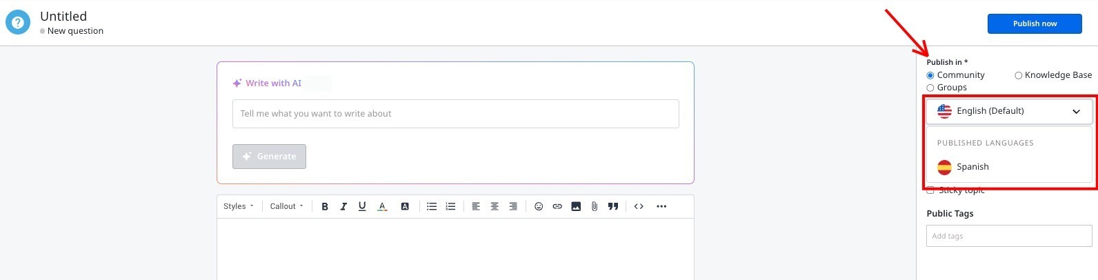 New question form with English and Spanish language options under Publish in section