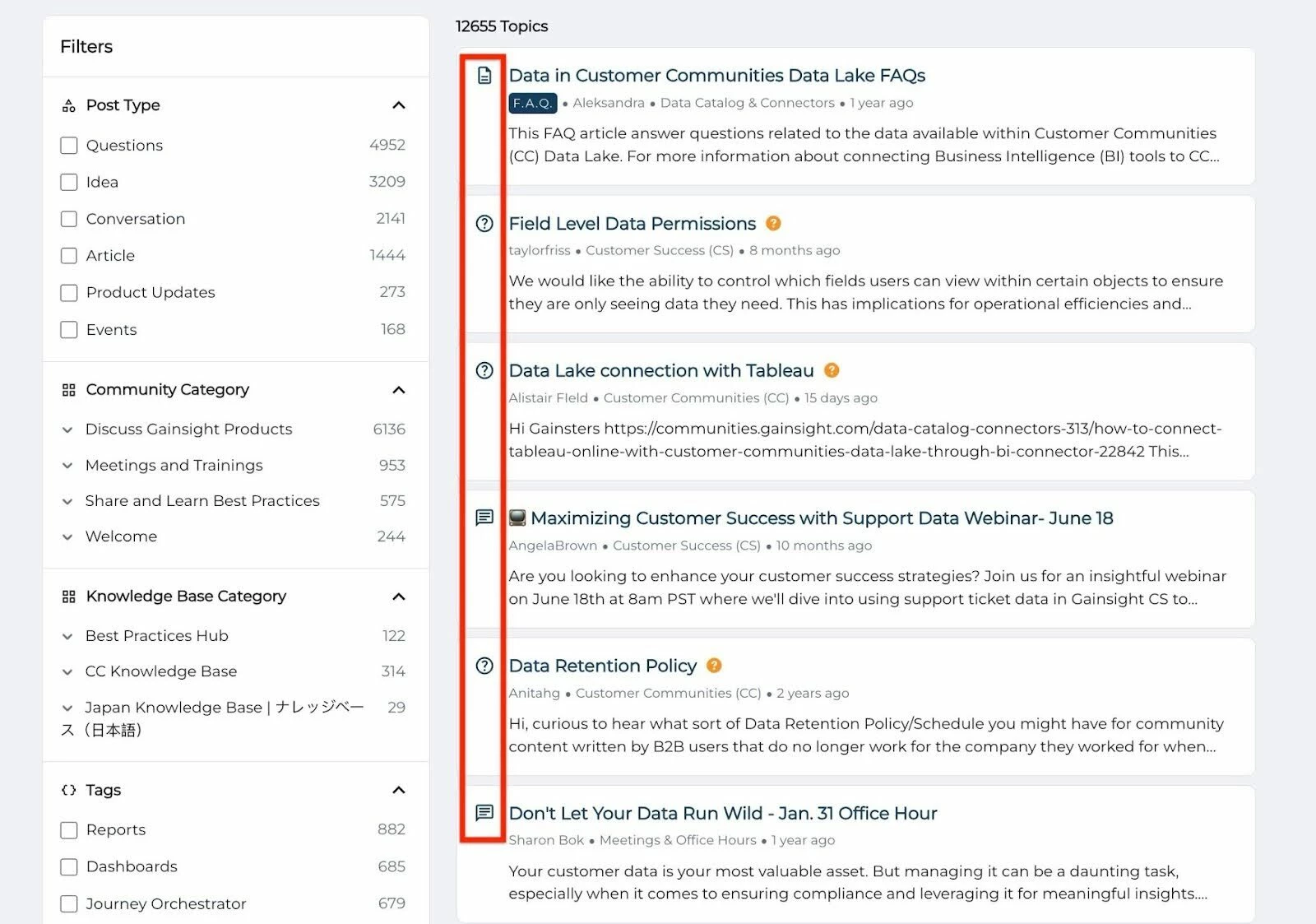 Filtered topic list on a community forum showing articles, questions, and webinars about data management and permissions