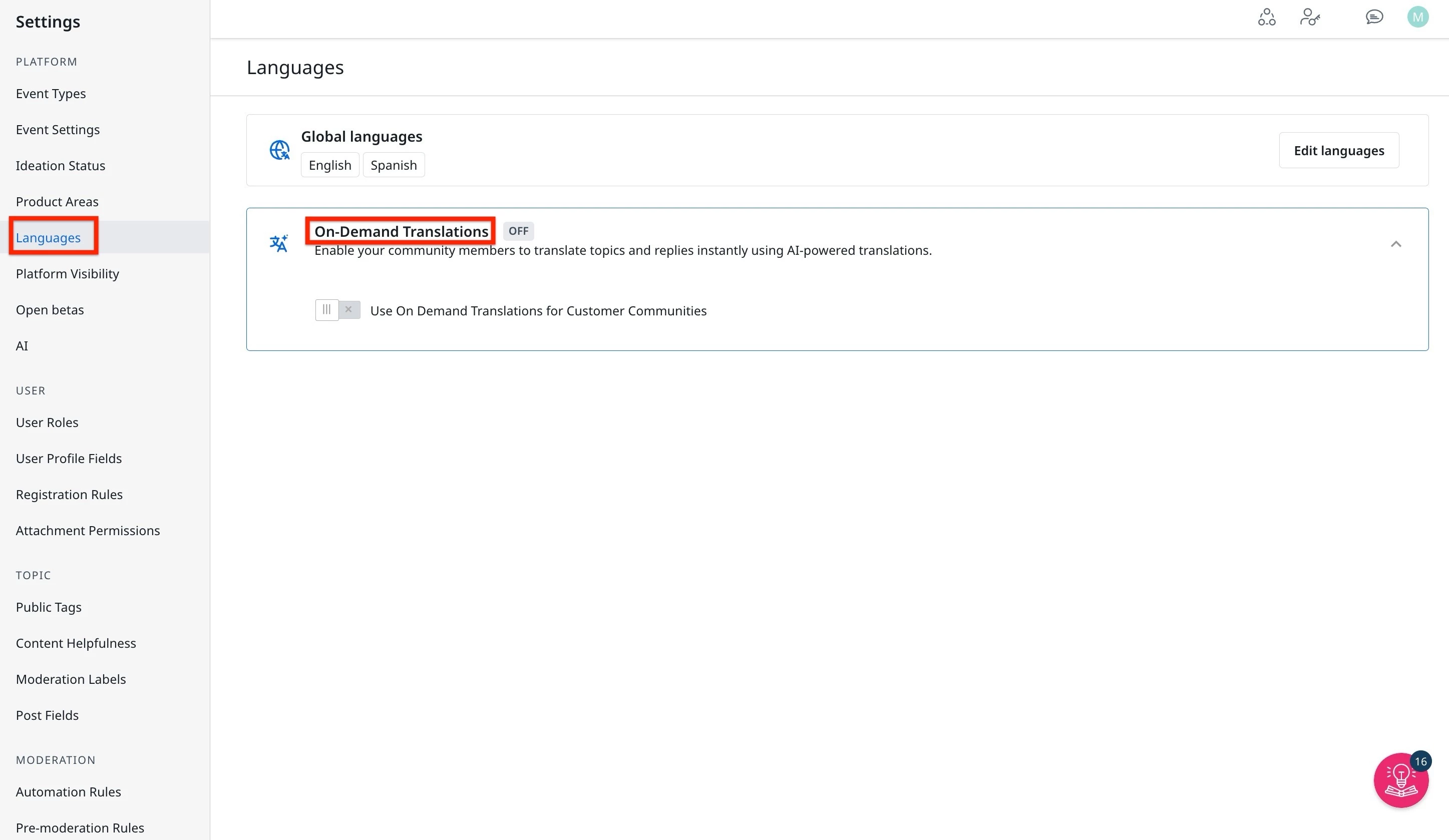 Settings page showing the option to enable On-Demand Translations for customer communities.