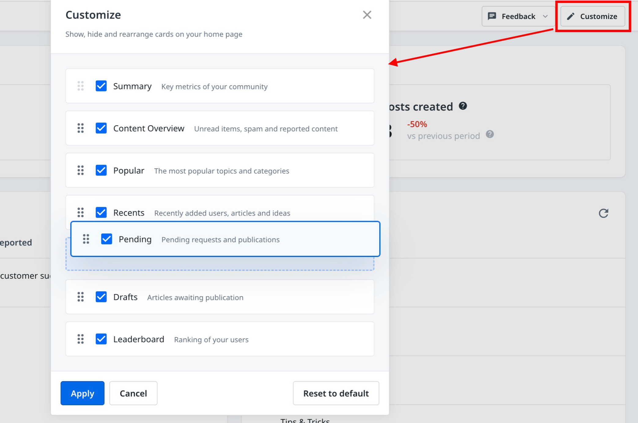 Customize dashboard settings with options to show, hide, and rearrange cards like Summary, Content Overview, Popular, Recents, Pending, Drafts, and Leaderboard.