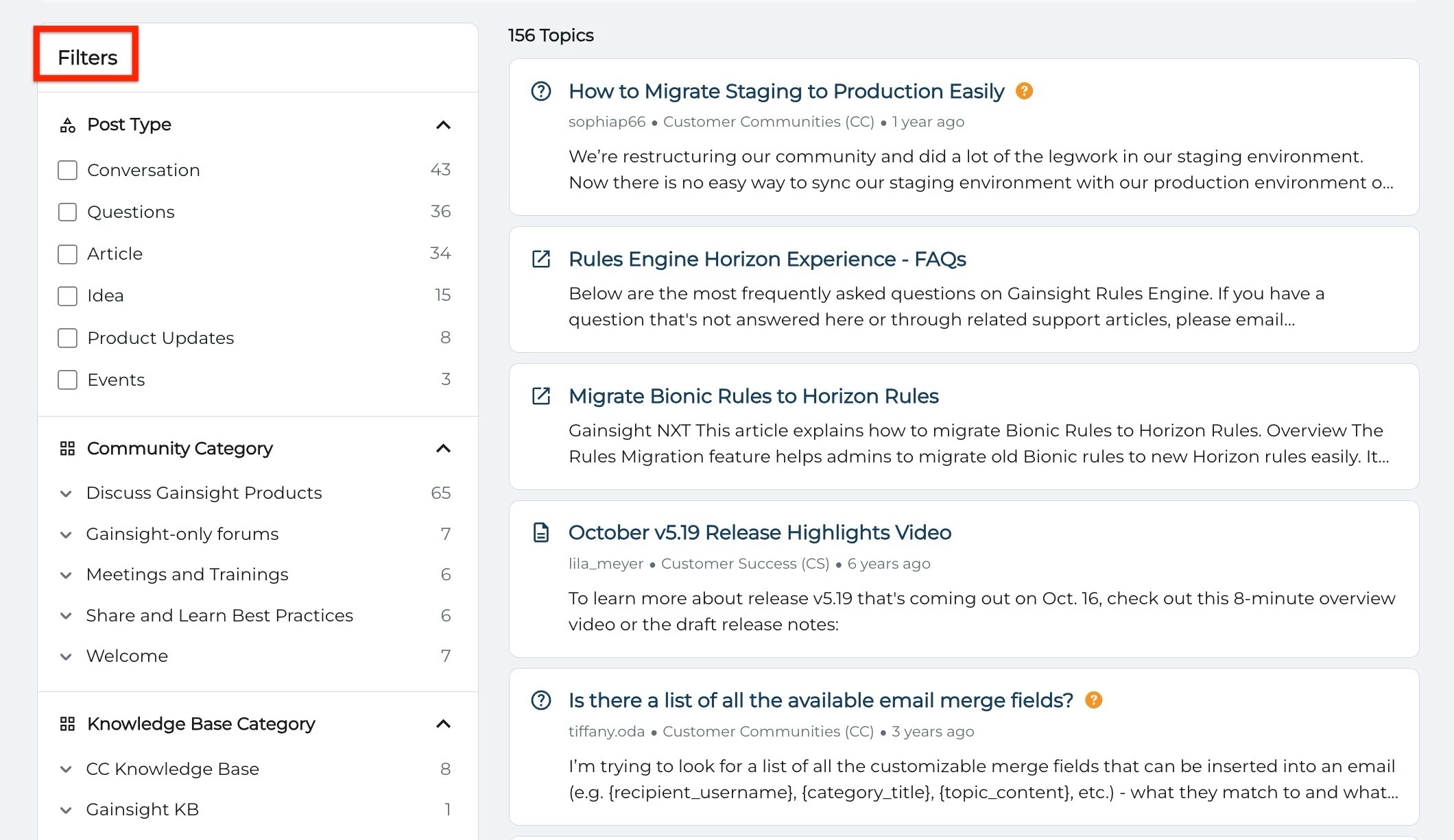 Community forum with filters for post type and category, showing topics on staging migration, Horizon Rules, and email merge fields.