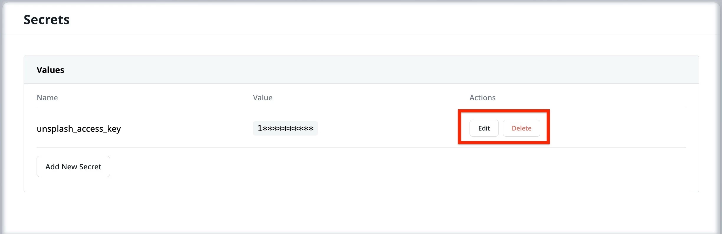 Secrets management page showing an API key with edit and delete action options.