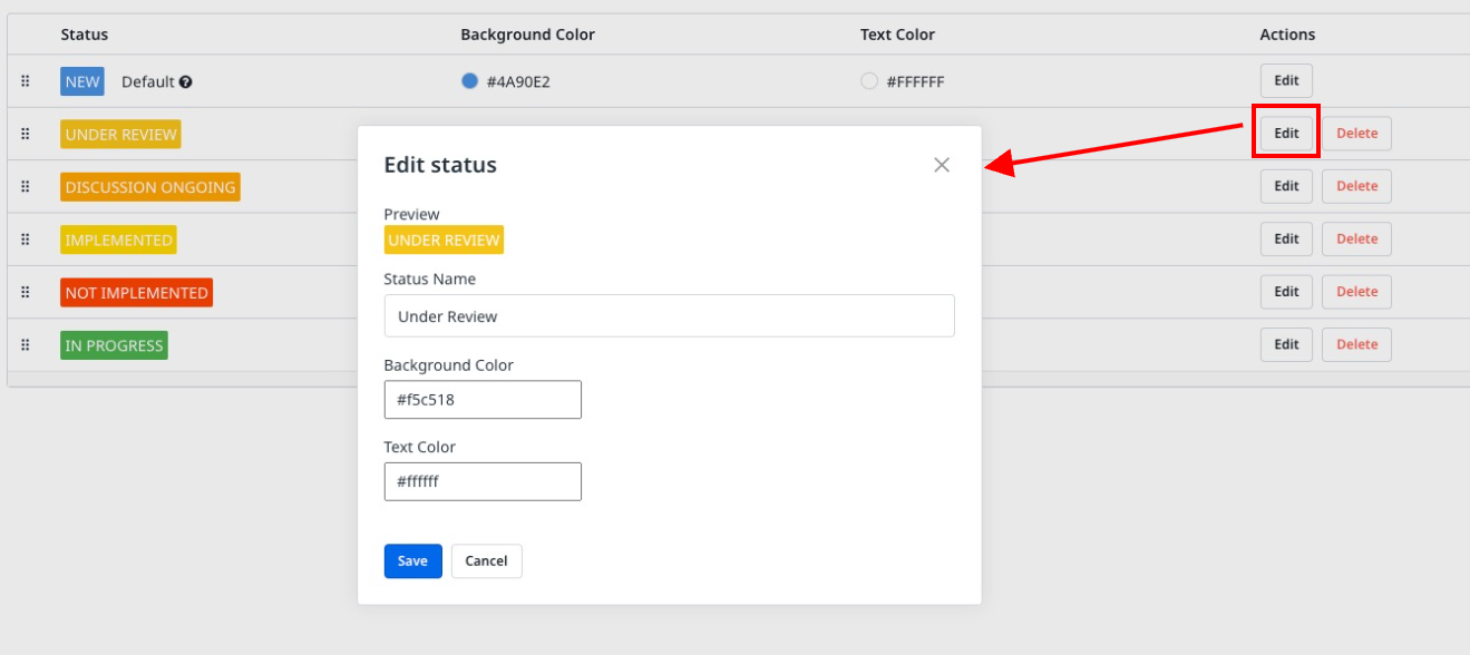 Edit status form for Under Review status with fields for name, background color, and text color