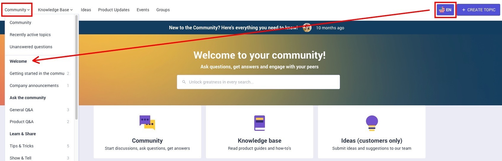 Dropdown menu showing Welcome highlighted under the Community tab in an English interface with the language set to EN