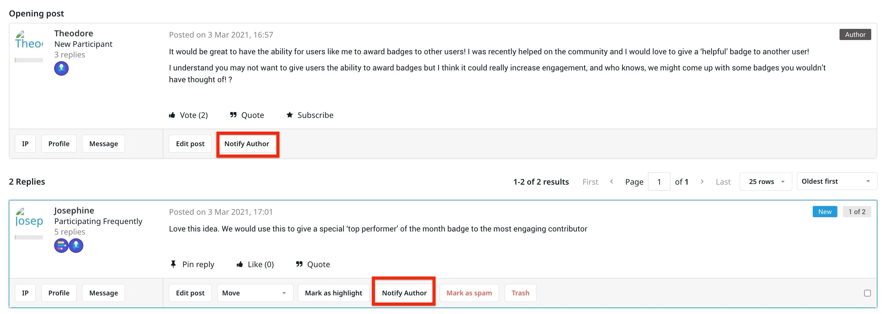 Community thread showing user suggestion about awarding badges, with Notify Author button highlighted