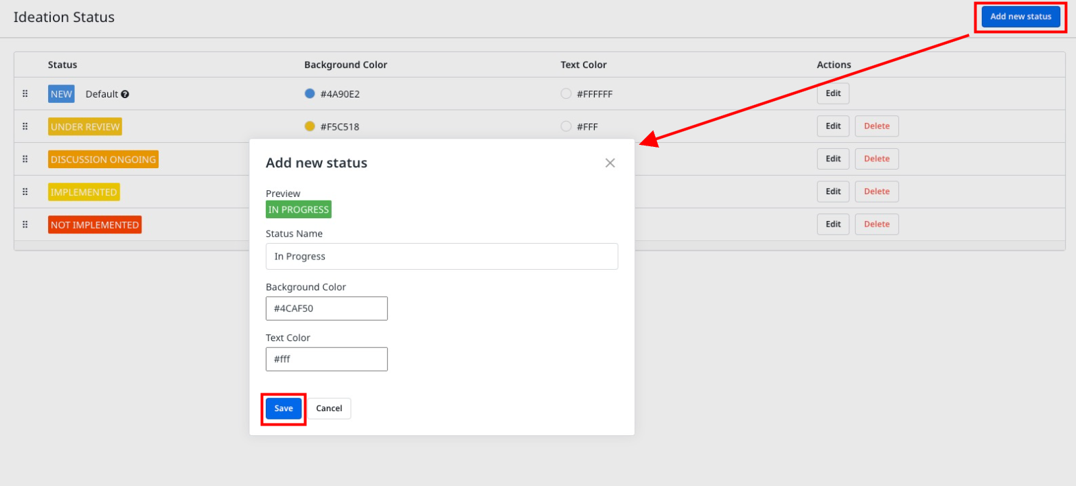 Add new status form with fields for status name, background color, text color, and a preview button