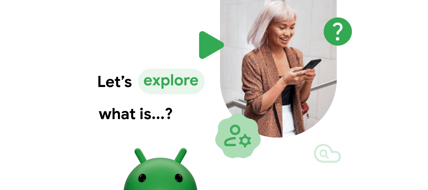 Animated GIF showing "Let’s explore what is...?" with switching lifestyle images of people using Android smartphones.