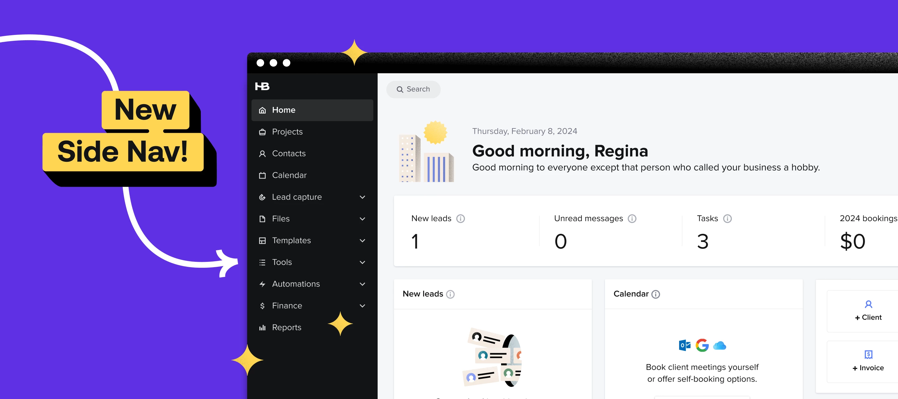 HoneyBook navigation redesign announcement graphic showing simplified app menu and layout