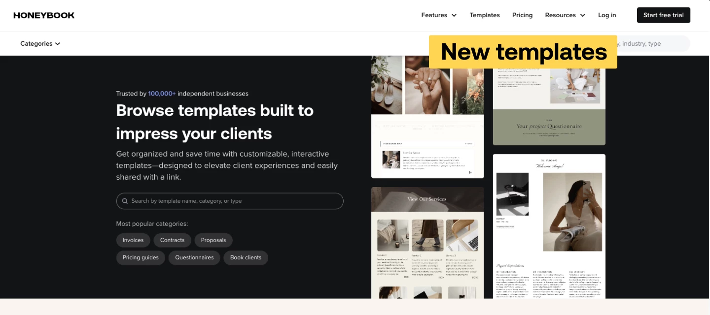 HoneyBook new templates announcement graphic showing pre-built smart file and contract options