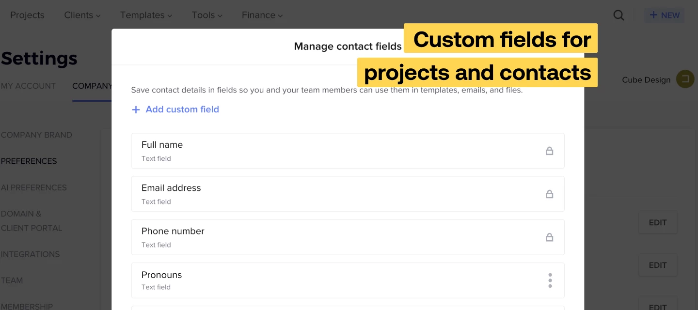HoneyBook custom fields feature announcement graphic showing customizable project and client data fields