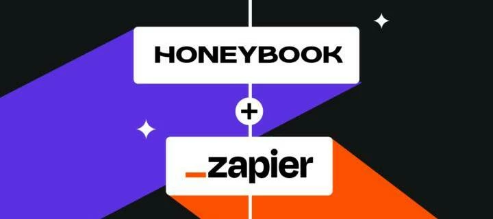 HoneyBook Zapier integration announcement graphic showing new workflow automation actions and triggers