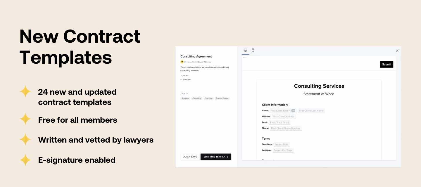 HoneyBook new contract templates announcement graphic showing pre-built legal agreements