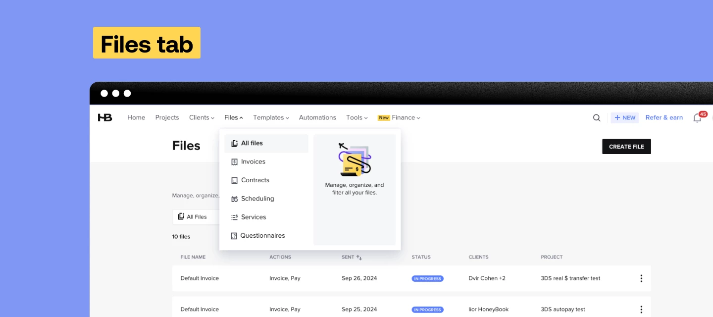 HoneyBook files tab feature announcement graphic showing consolidated project file management