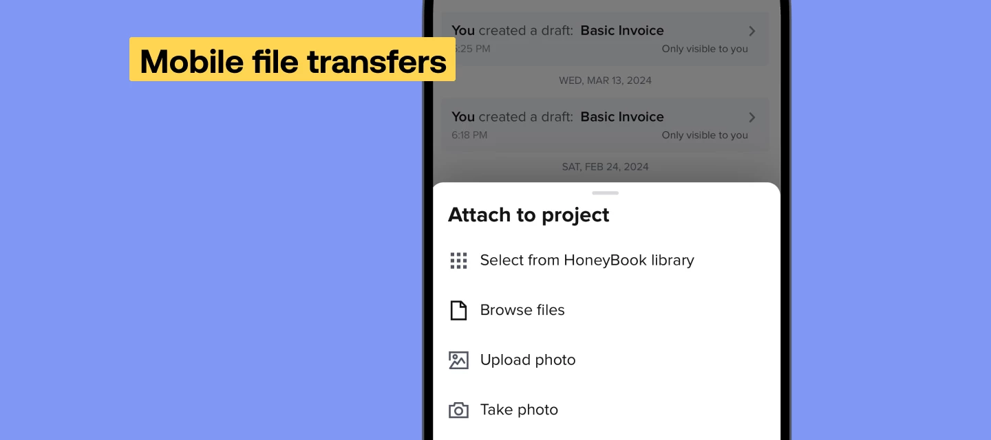 HoneyBook mobile file transfers feature announcement graphic