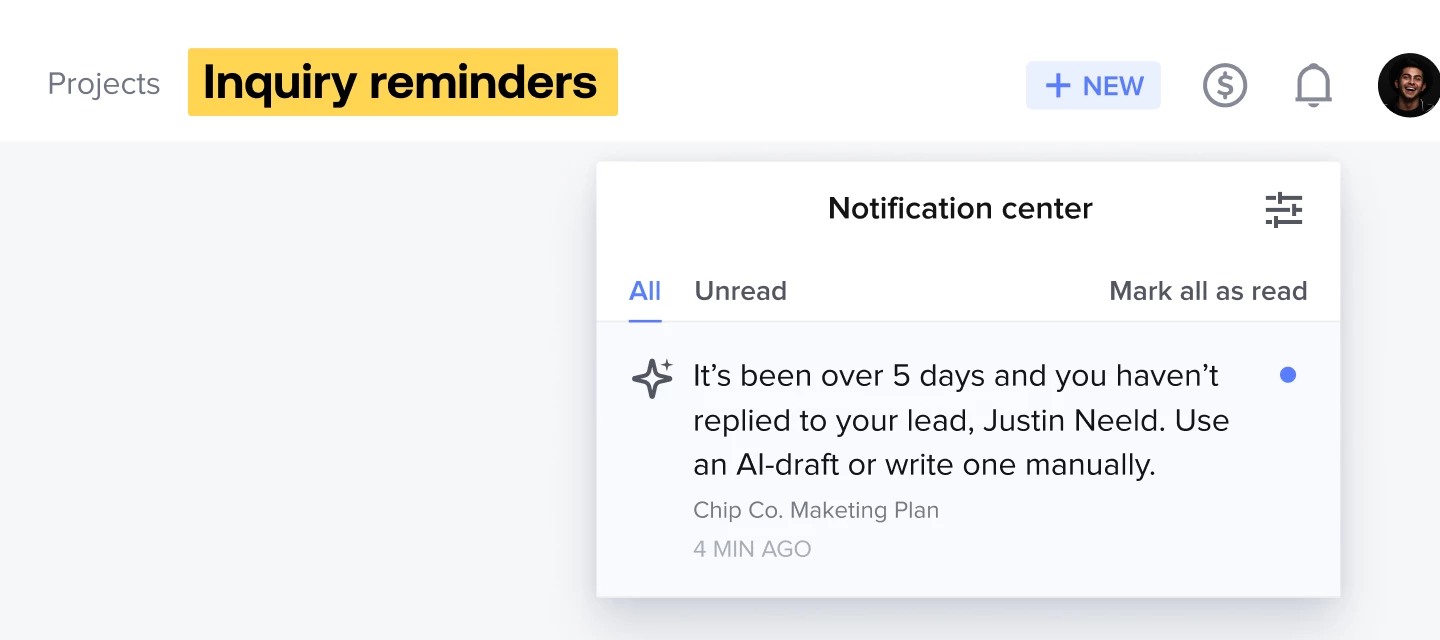 HoneyBook inquiry reminders feature announcement graphic showing automated client follow-up