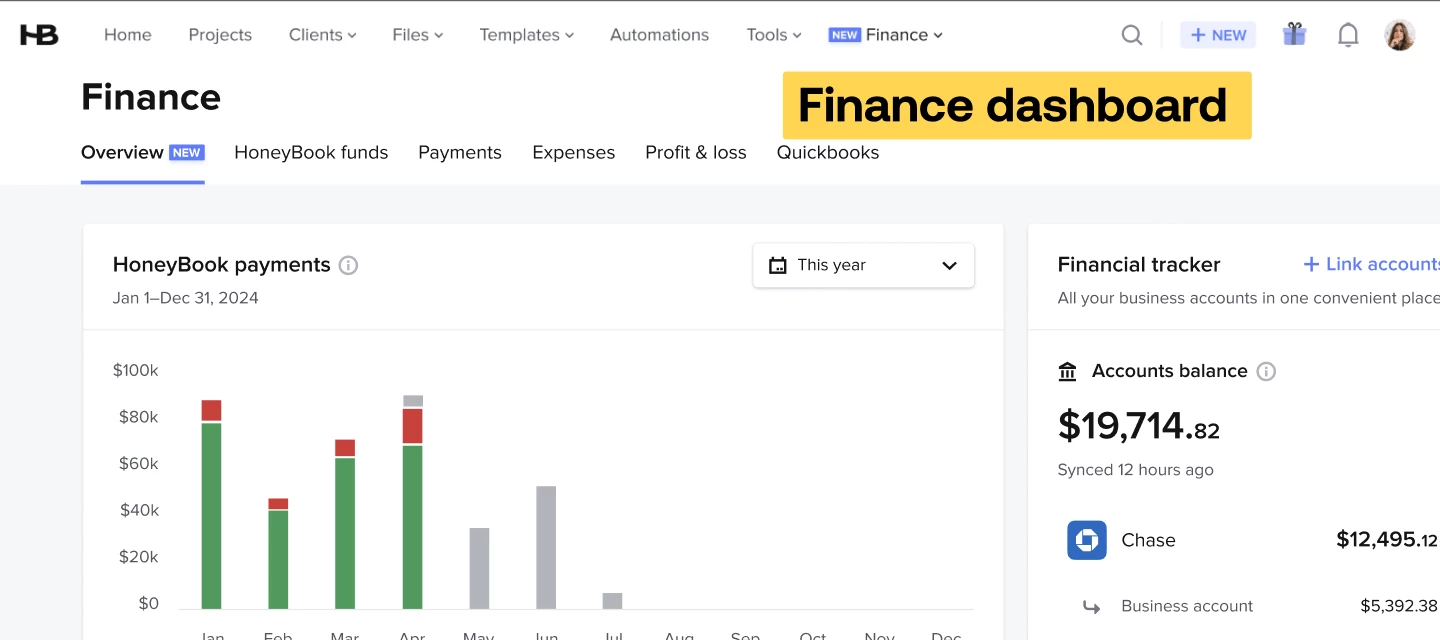 HoneyBook finance dashboard announcement graphic showing business financial overview and reporting