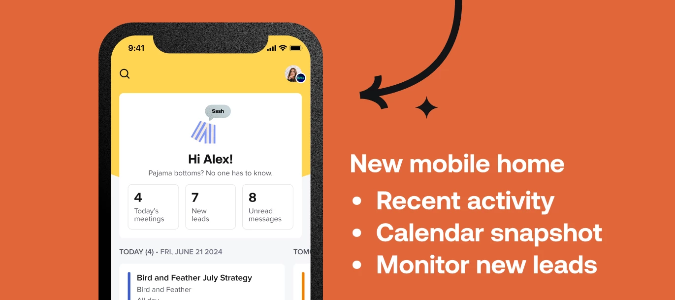 HoneyBook redesigned mobile home screen announcement graphic showing updated app dashboard