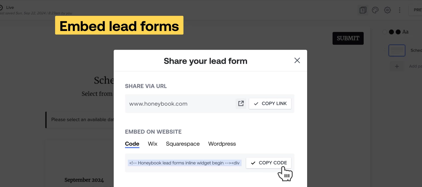HoneyBook embedded lead forms announcement graphic showing website-integrated client inquiry forms