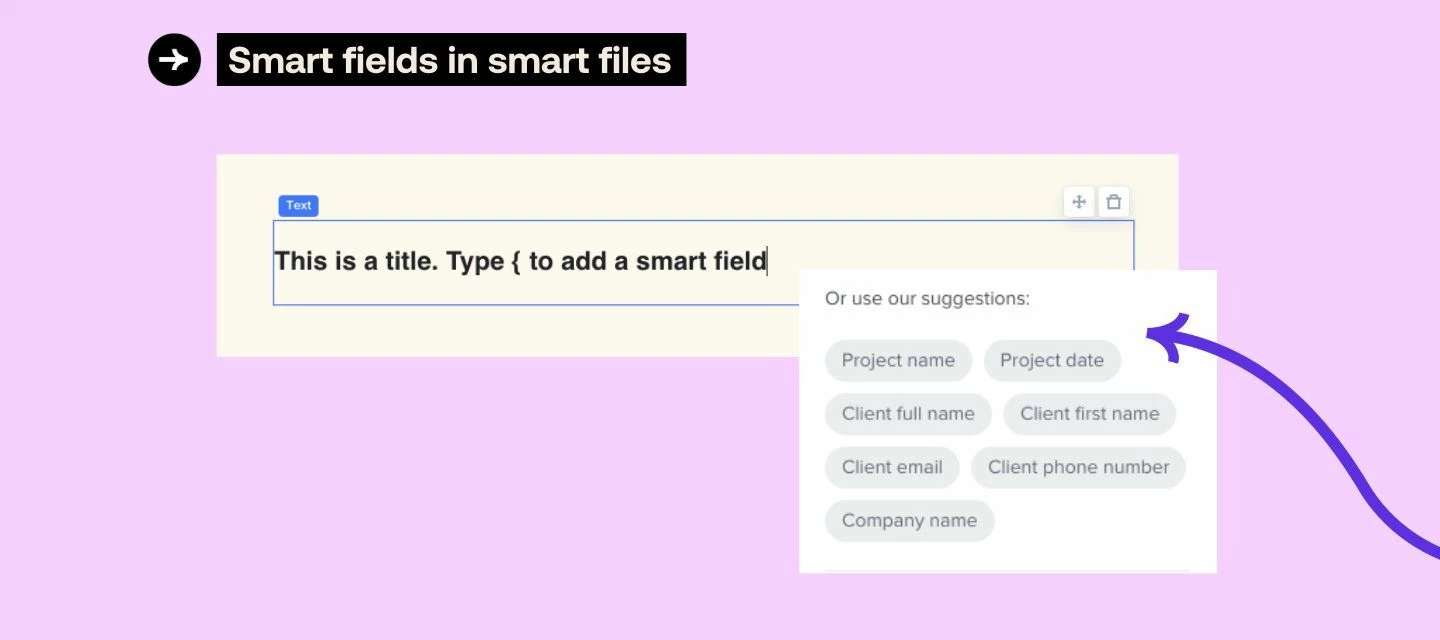 HoneyBook smart fields feature announcement graphic showing dynamic data fields in client files