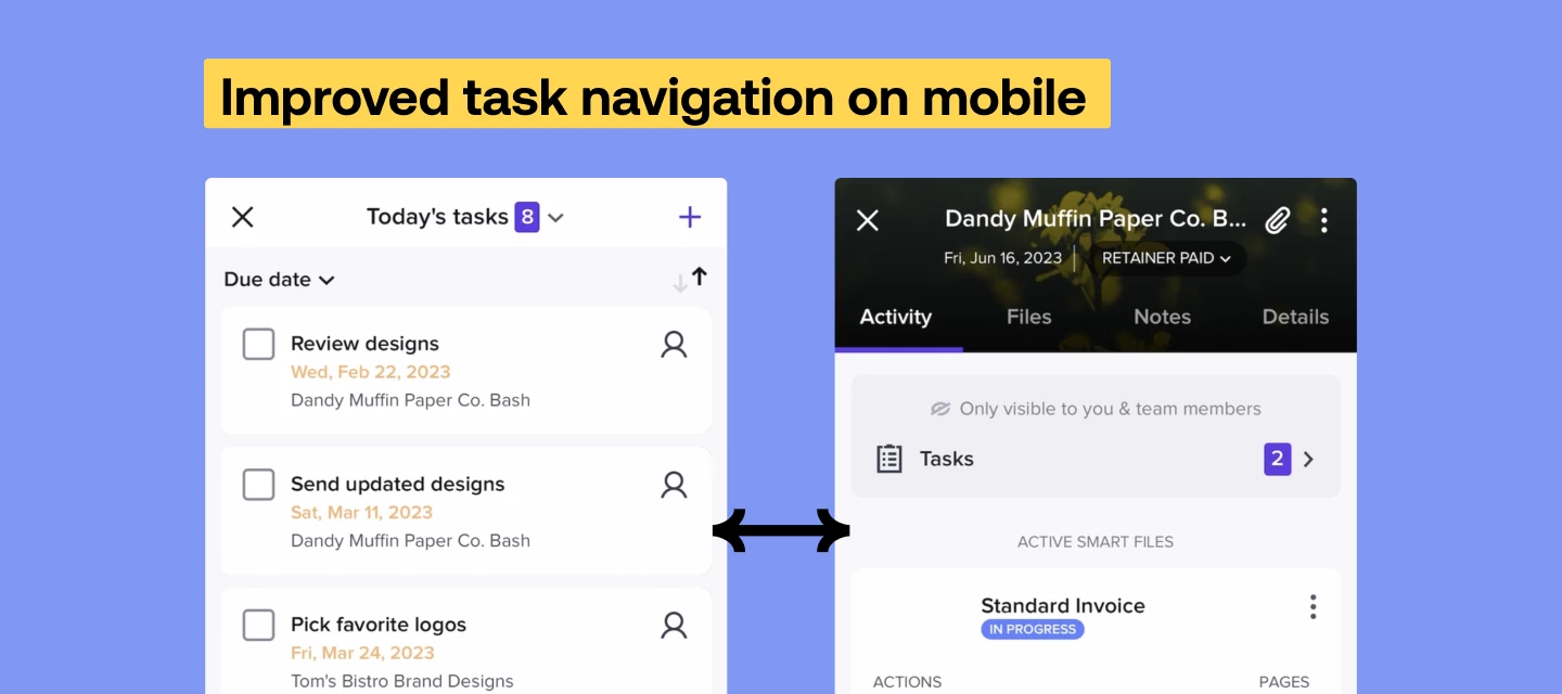 HoneyBook improved mobile task navigation feature announcement graphic